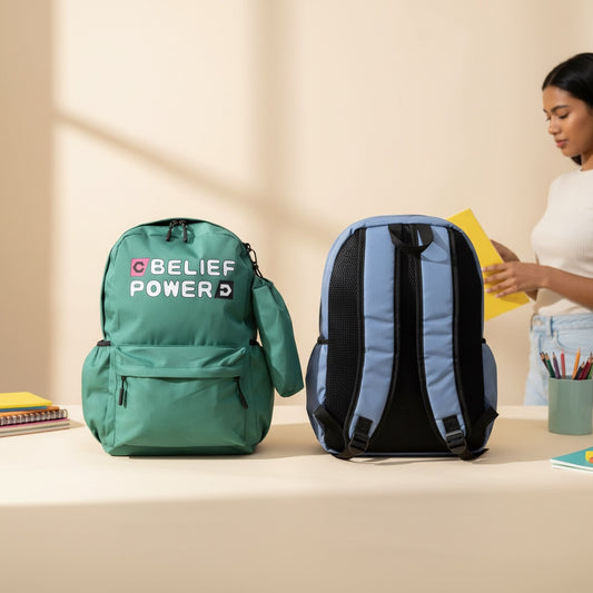 Belief Power backpack green and blue with student