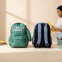 Belief Power backpack green and blue with student