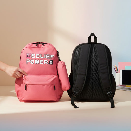 Belief Power backpack coral pink front and black back with pencil case