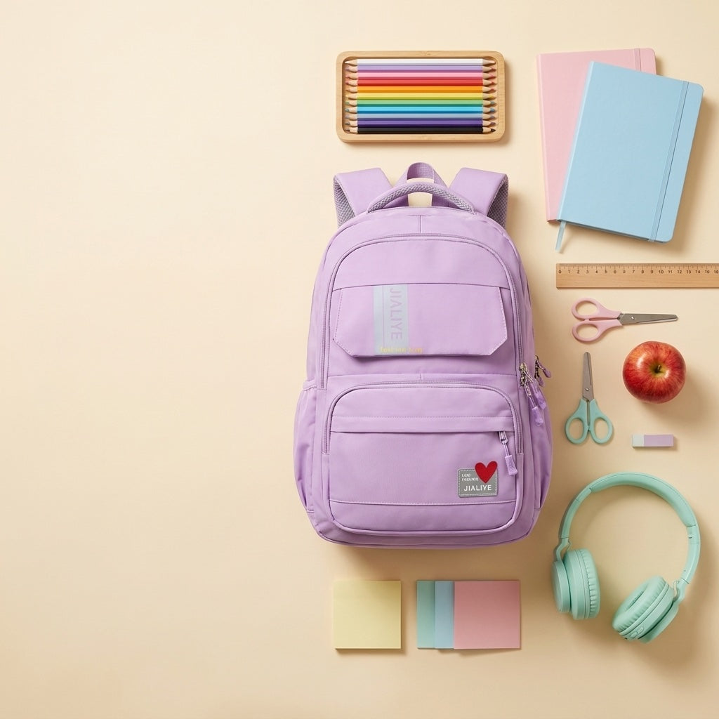 Pastel backpack flat-lay with school supplies