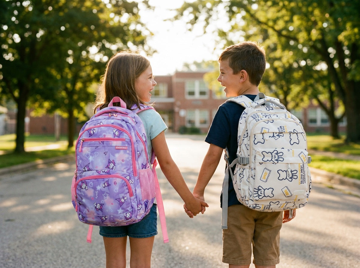 Kids walking to school with School Bag Deals backpacks