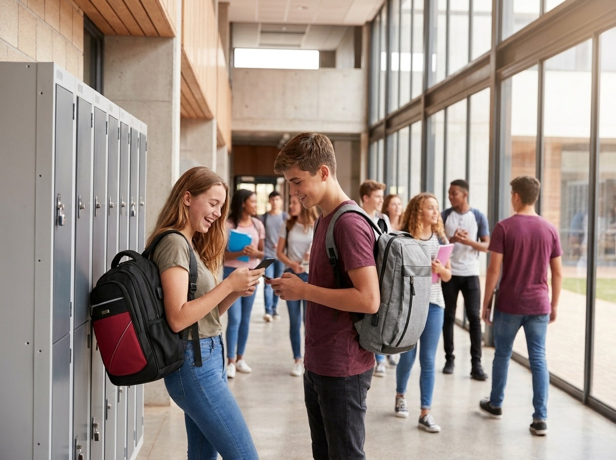 Teen students with sport backpacks at school lockers